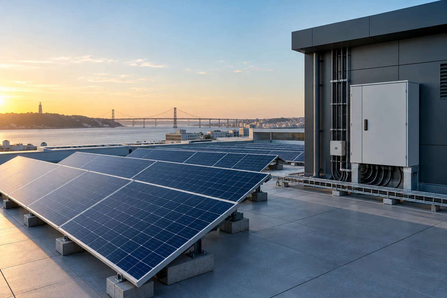 Imagem editorial de instalações de energia e fotovoltaico